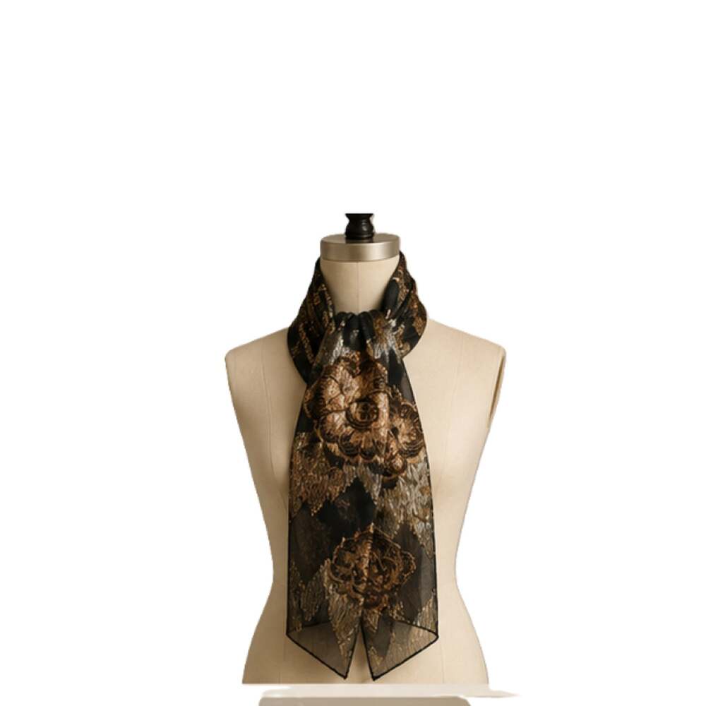 Black Gold Metallic Floral Lame Scarf 56 x 10 Sheer Polyester Evening
